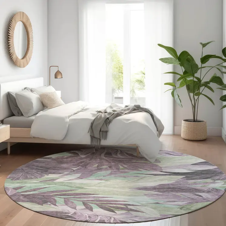 8' Lavender And Lilac Round Floral Washable Indoor Outdoor Area Rug