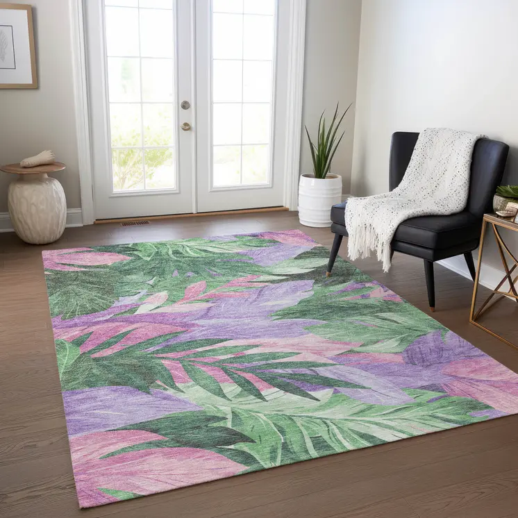 5' X 8' Sage And Mint Green Floral Washable Indoor Outdoor Area Rug