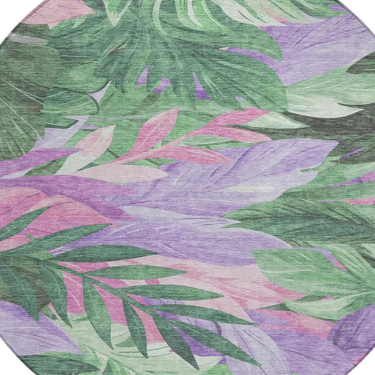 8' Sage And Mint Green Round Floral Washable Indoor Outdoor Area Rug