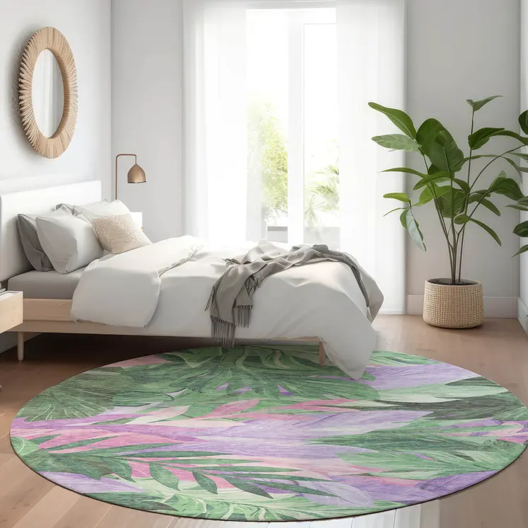 8' Sage And Mint Green Round Floral Washable Indoor Outdoor Area Rug