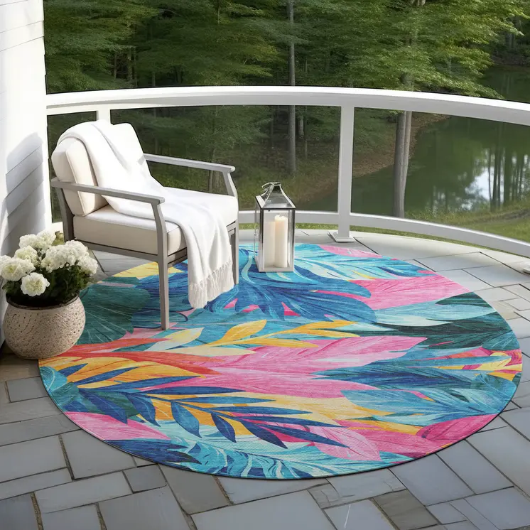 8' Sky Blue And Pink Round Floral Washable Indoor Outdoor Area Rug