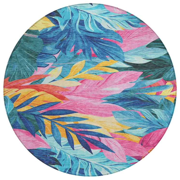 8' Sky Blue And Pink Round Floral Washable Indoor Outdoor Area Rug