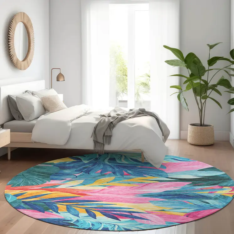 8' Sky Blue And Pink Round Floral Washable Indoor Outdoor Area Rug