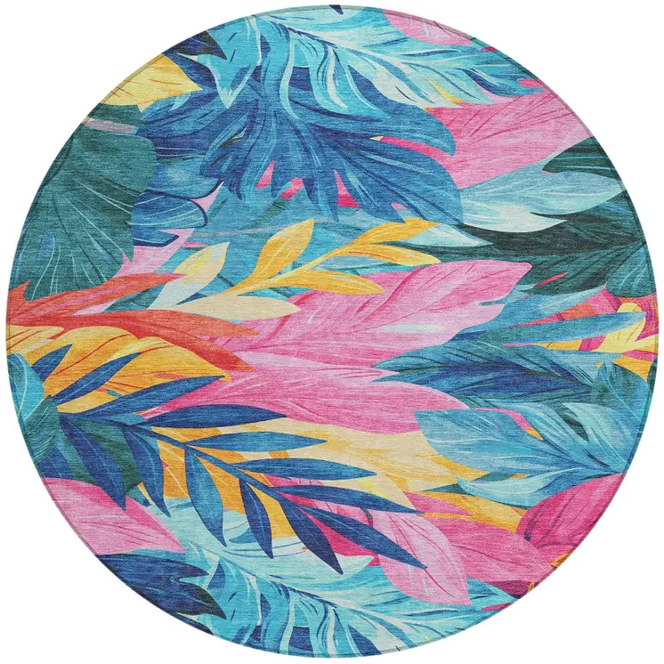 8' Sky Blue And Pink Round Floral Washable Indoor Outdoor Area Rug