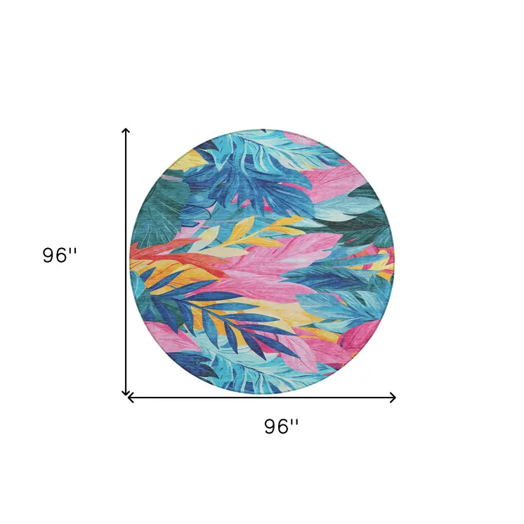 8' Sky Blue And Pink Round Floral Washable Indoor Outdoor Area Rug