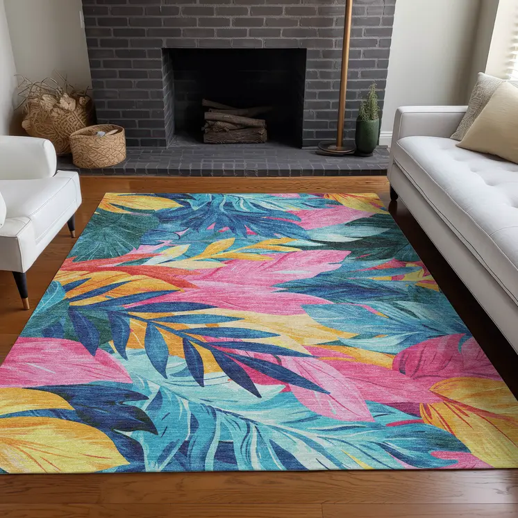 8' X 10' Sky Blue And Pink Floral Washable Indoor Outdoor Area Rug