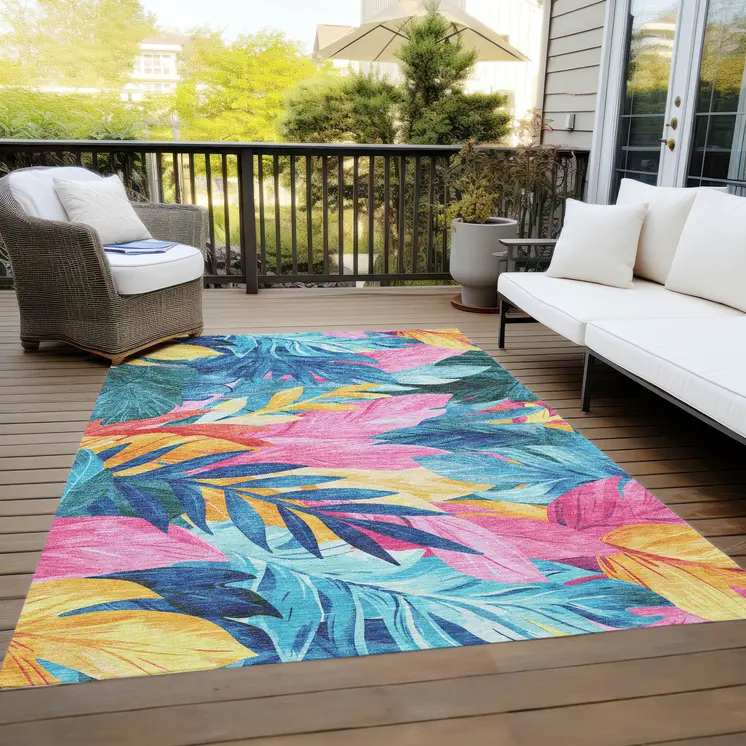 8' X 10' Sky Blue And Pink Floral Washable Indoor Outdoor Area Rug