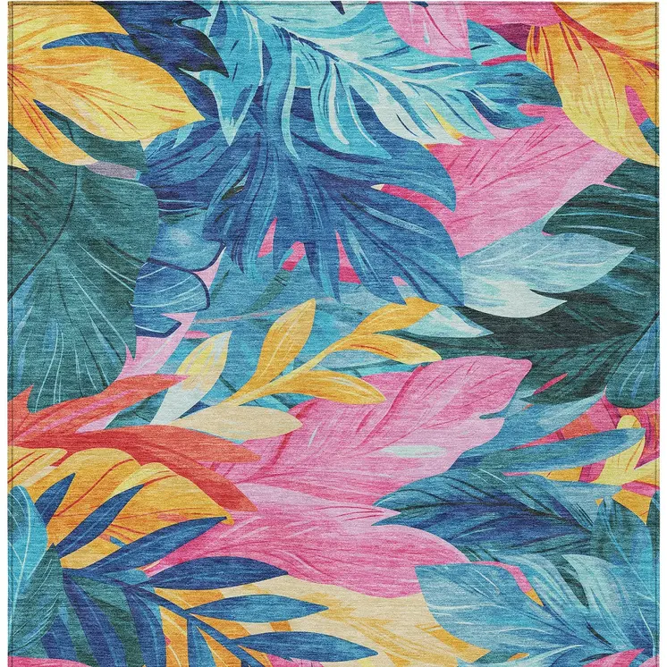 9' X 12' Sky Blue And Pink Floral Washable Indoor Outdoor Area Rug