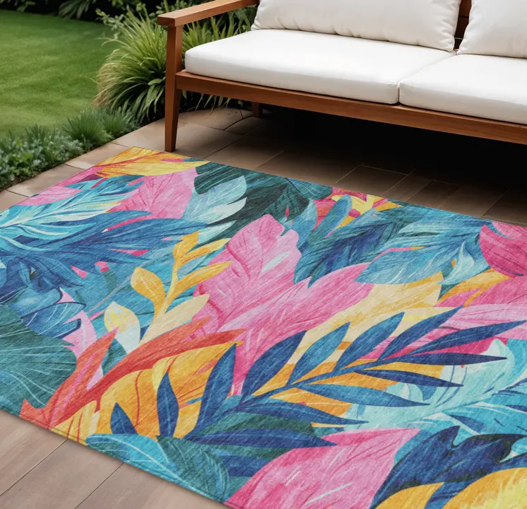 9' X 12' Sky Blue And Pink Floral Washable Indoor Outdoor Area Rug