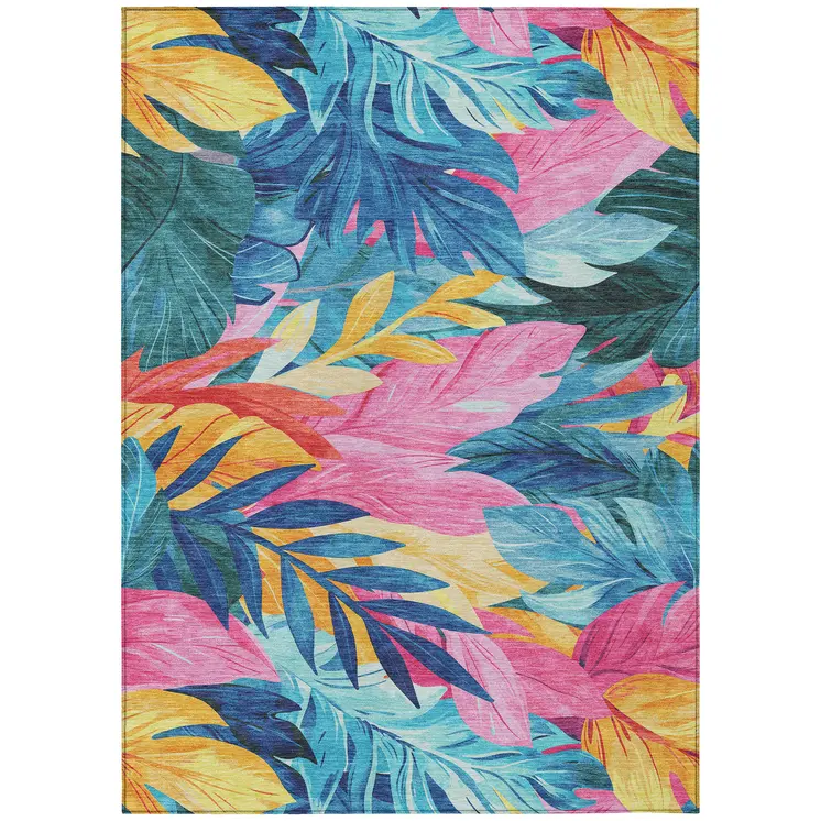 9' X 12' Sky Blue And Pink Floral Washable Indoor Outdoor Area Rug