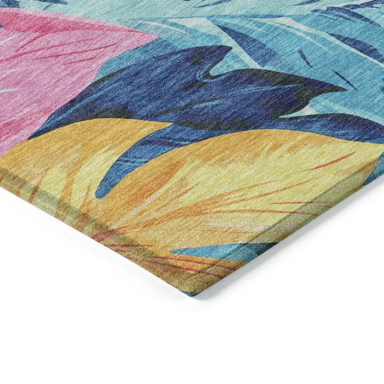 9' X 12' Sky Blue And Pink Floral Washable Indoor Outdoor Area Rug