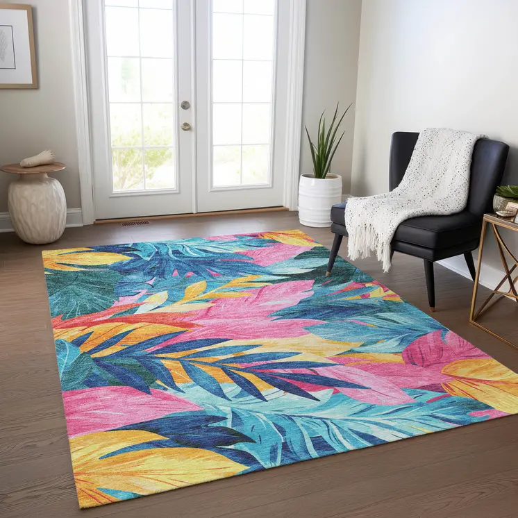 9' X 12' Sky Blue And Pink Floral Washable Indoor Outdoor Area Rug