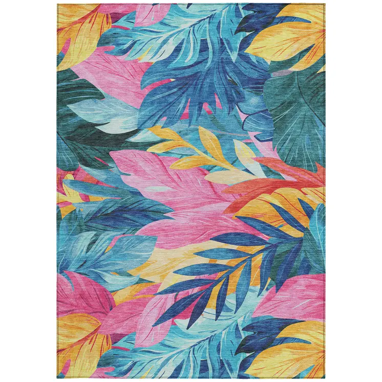 10' X 14' Sky Blue And Pink Floral Washable Indoor Outdoor Area Rug