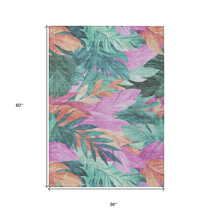 3' X 5' Teal Blue And Aqua Floral Washable Indoor Outdoor Area Rug