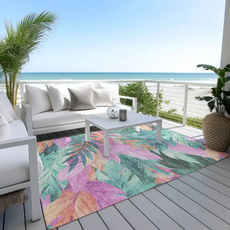 3' X 5' Teal Blue And Aqua Floral Washable Indoor Outdoor Area Rug