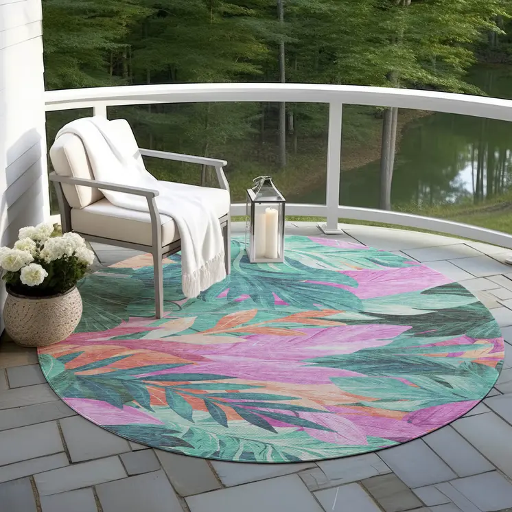 8' Teal Blue And Aqua Round Floral Washable Indoor Outdoor Area Rug