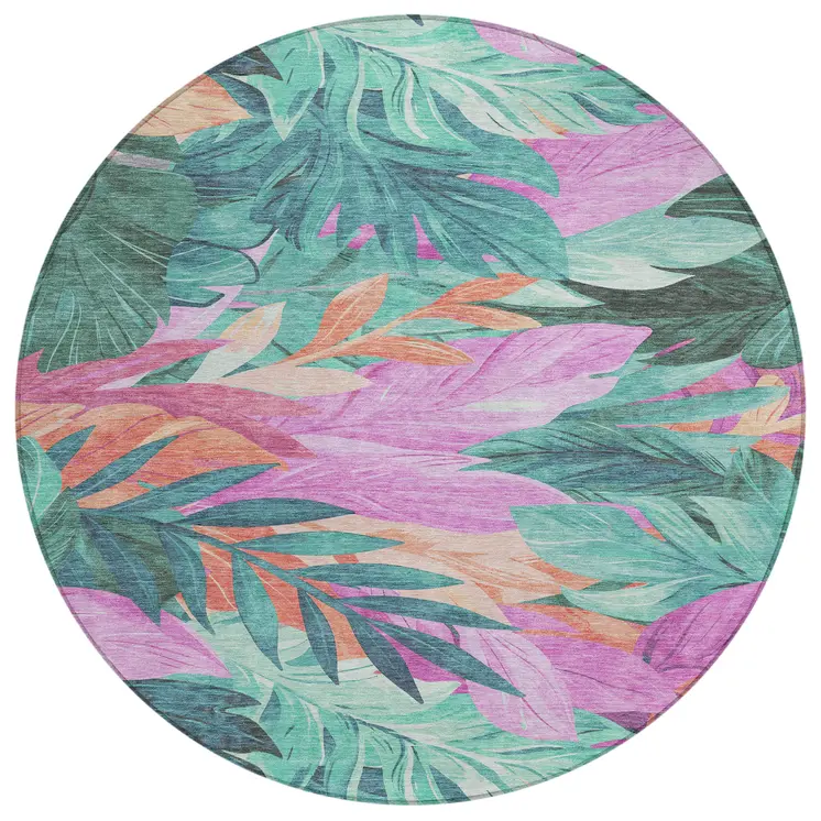 8' Teal Blue And Aqua Round Floral Washable Indoor Outdoor Area Rug