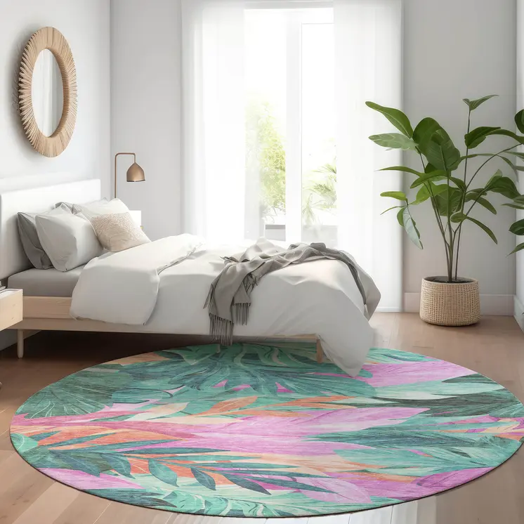 8' Teal Blue And Aqua Round Floral Washable Indoor Outdoor Area Rug