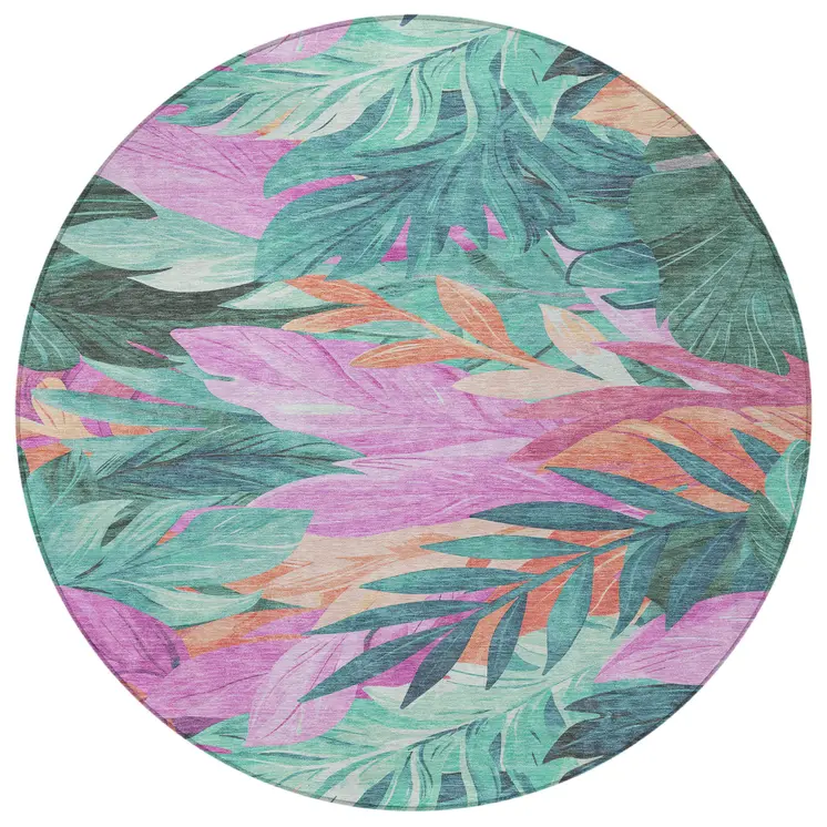 8' Teal Blue And Aqua Round Floral Washable Indoor Outdoor Area Rug