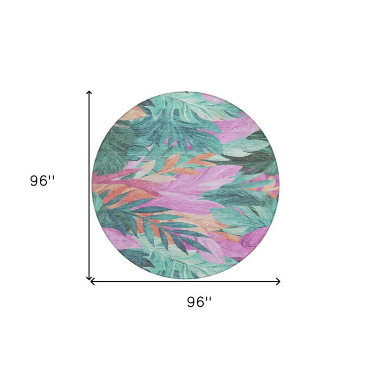 8' Teal Blue And Aqua Round Floral Washable Indoor Outdoor Area Rug