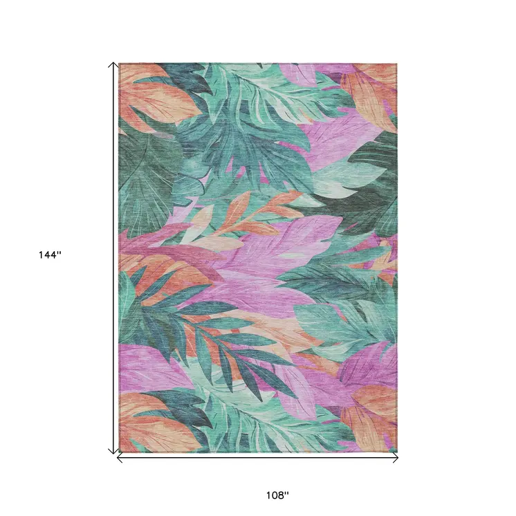 9' X 12' Teal Blue And Aqua Floral Washable Indoor Outdoor Area Rug