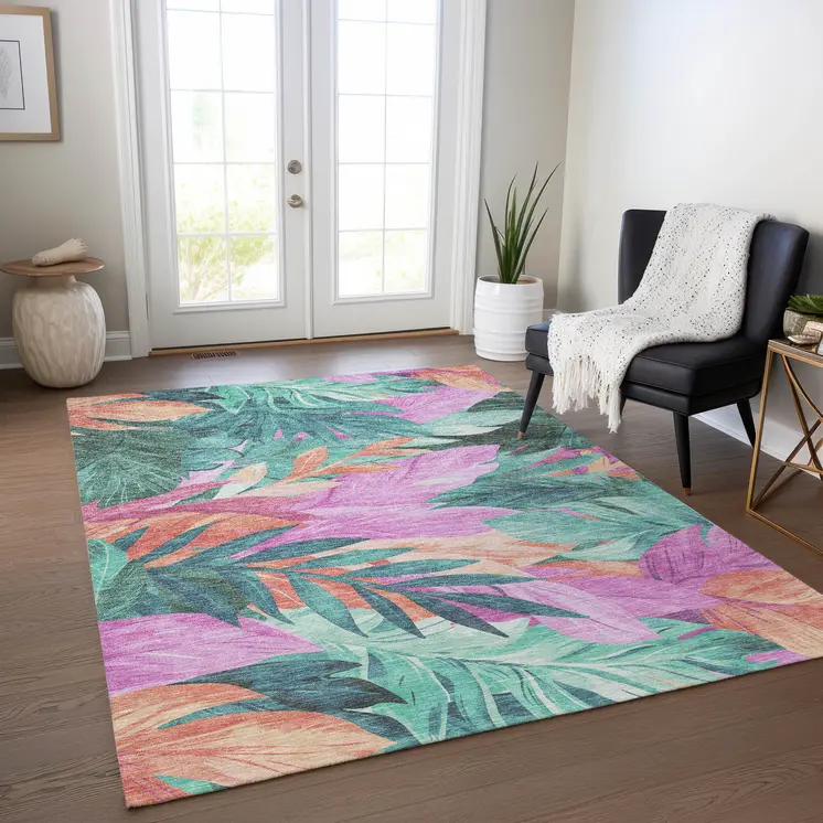 9' X 12' Teal Blue And Aqua Floral Washable Indoor Outdoor Area Rug