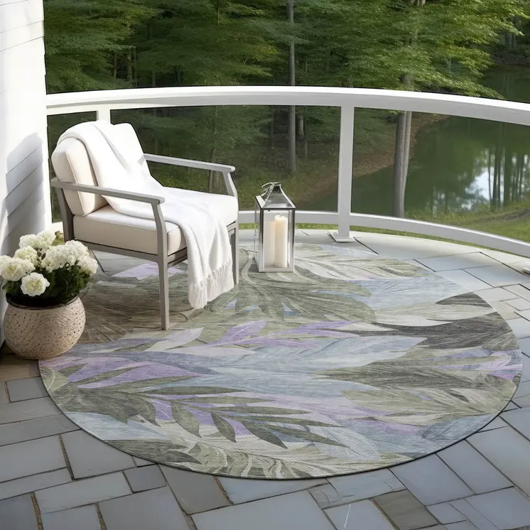 8' Taupe And Beige Round Floral Washable Indoor Outdoor Area Rug