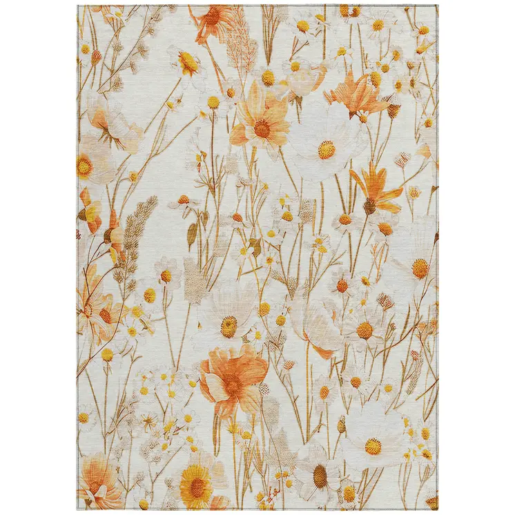 3' X 5' Ivory And Beige Floral Washable Indoor Outdoor Area Rug