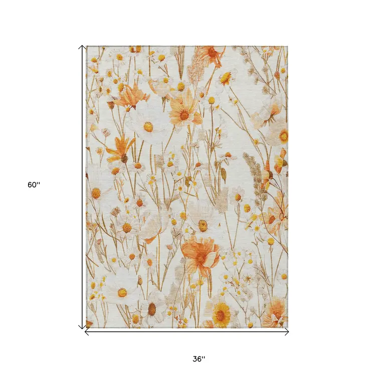 3' X 5' Ivory And Beige Floral Washable Indoor Outdoor Area Rug