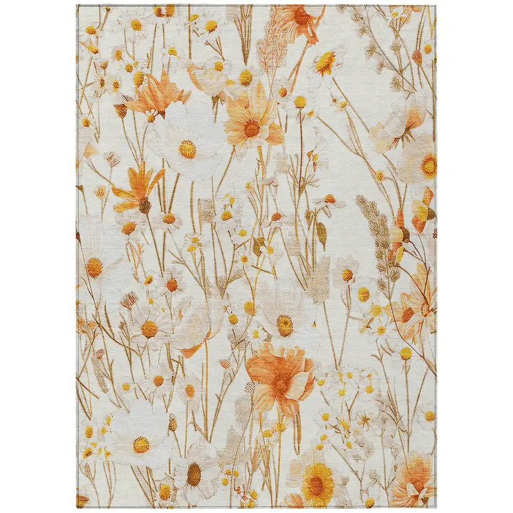 3' X 5' Ivory And Beige Floral Washable Indoor Outdoor Area Rug