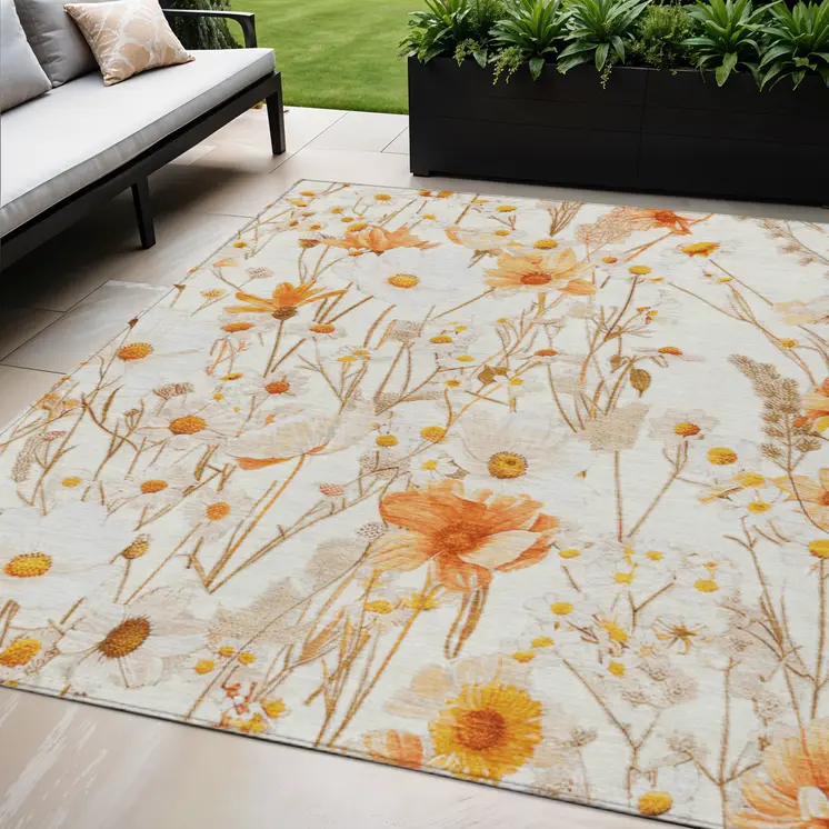 5' X 8' Ivory And Beige Floral Washable Indoor Outdoor Area Rug