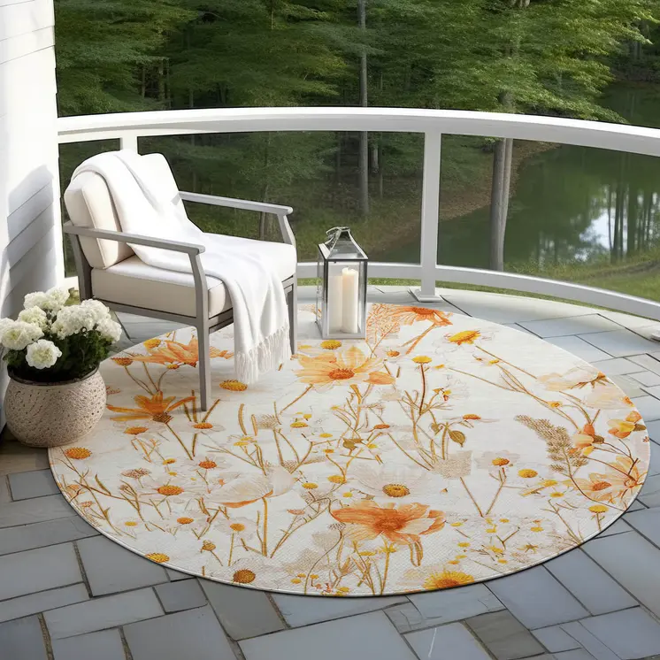 8' Ivory And Beige Round Floral Washable Indoor Outdoor Area Rug