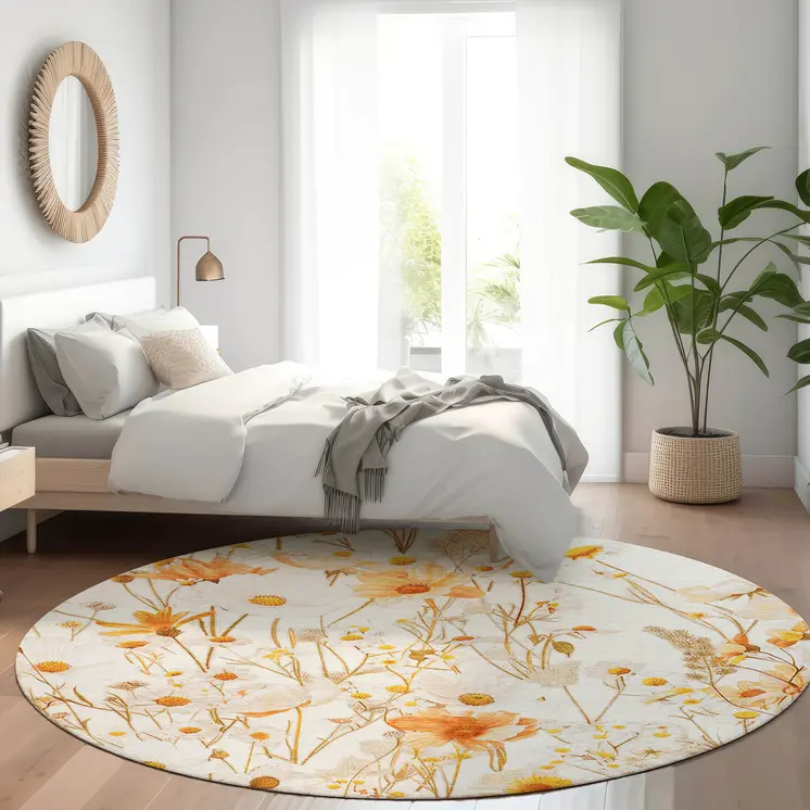 8' Ivory And Beige Round Floral Washable Indoor Outdoor Area Rug