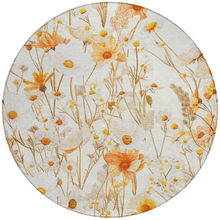 8' Ivory And Beige Round Floral Washable Indoor Outdoor Area Rug
