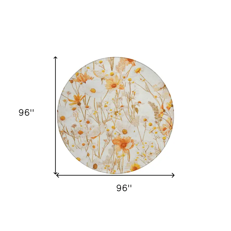 8' Ivory And Beige Round Floral Washable Indoor Outdoor Area Rug