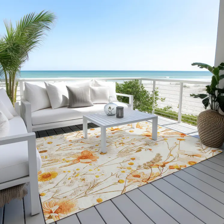 8' X 10' Ivory And Beige Floral Washable Indoor Outdoor Area Rug