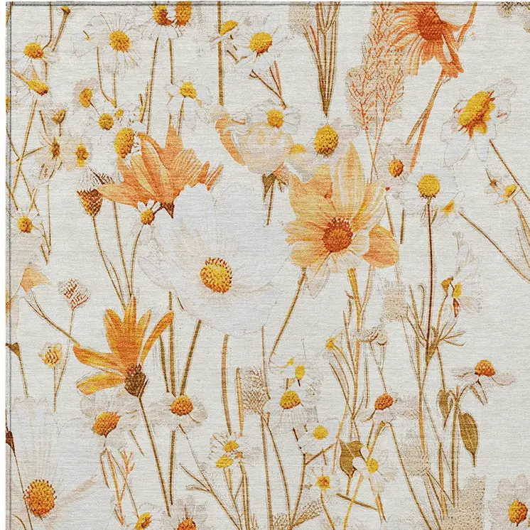 8' X 10' Ivory And Beige Floral Washable Indoor Outdoor Area Rug
