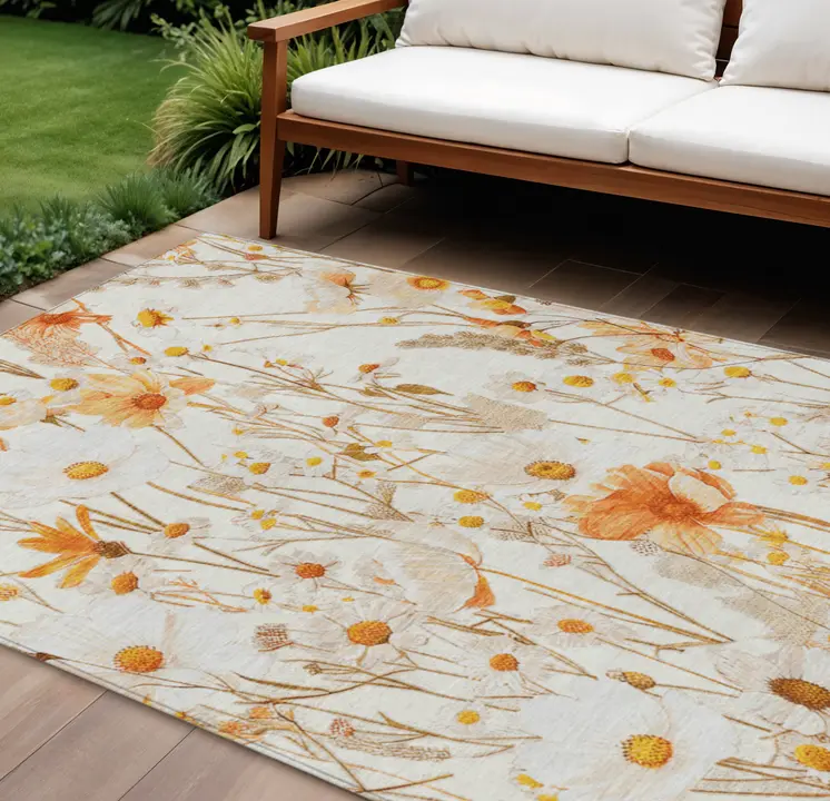 9' X 12' Ivory And Beige Floral Washable Indoor Outdoor Area Rug