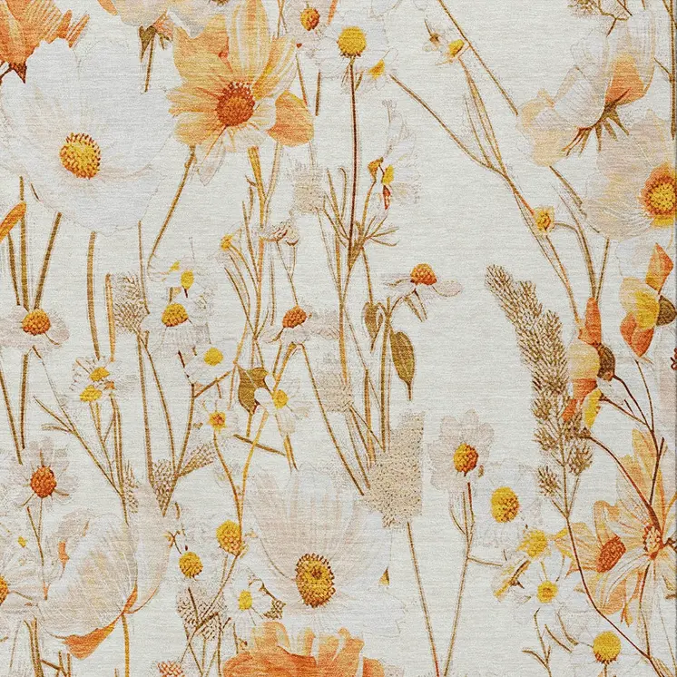 9' X 12' Ivory And Beige Floral Washable Indoor Outdoor Area Rug
