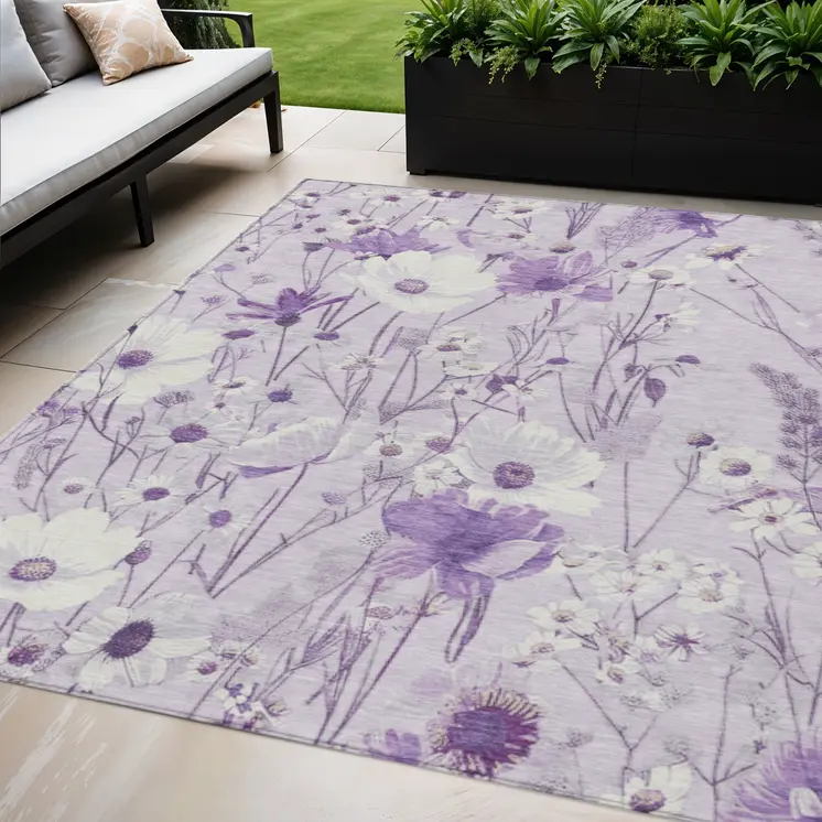 5' X 8' Lavender And Lilac Floral Washable Indoor Outdoor Area Rug