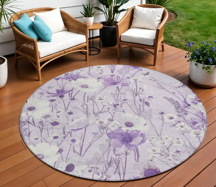 8' Lavender And Lilac Round Floral Washable Indoor Outdoor Area Rug