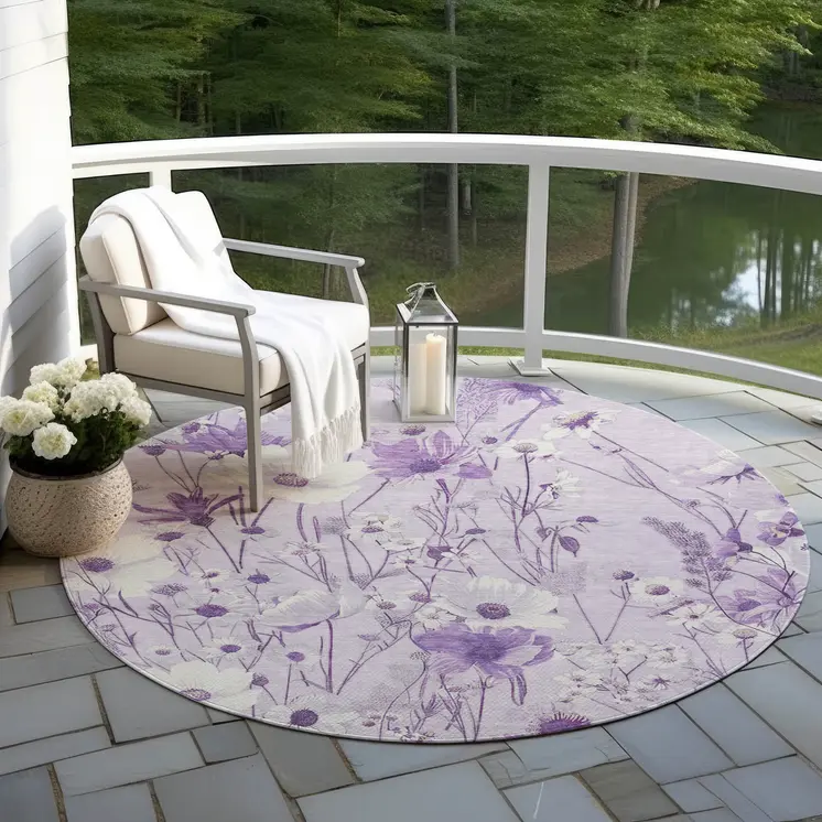 8' Lavender And Lilac Round Floral Washable Indoor Outdoor Area Rug