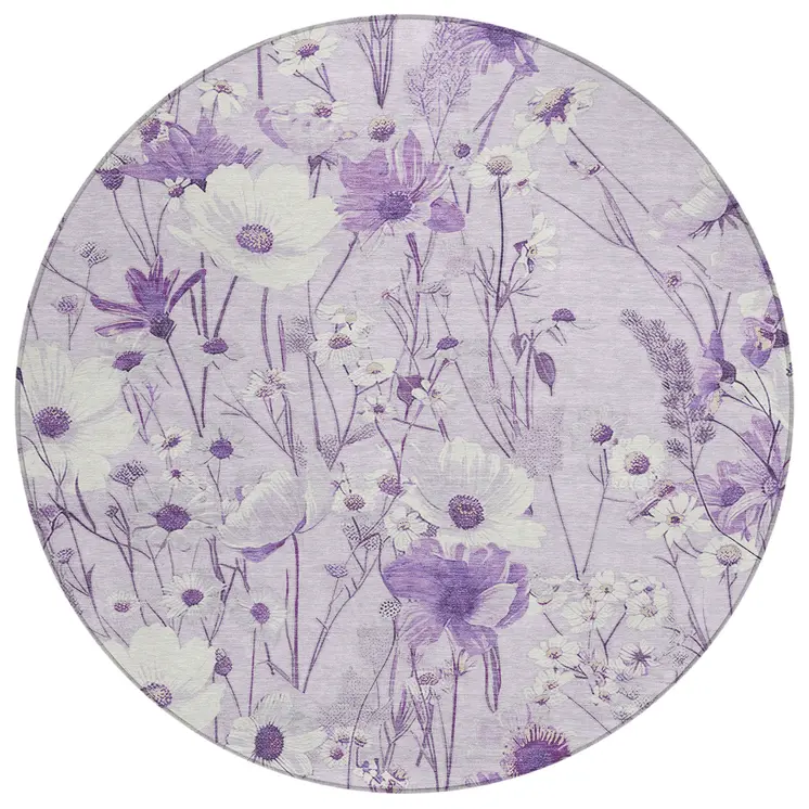 8' Lavender And Lilac Round Floral Washable Indoor Outdoor Area Rug