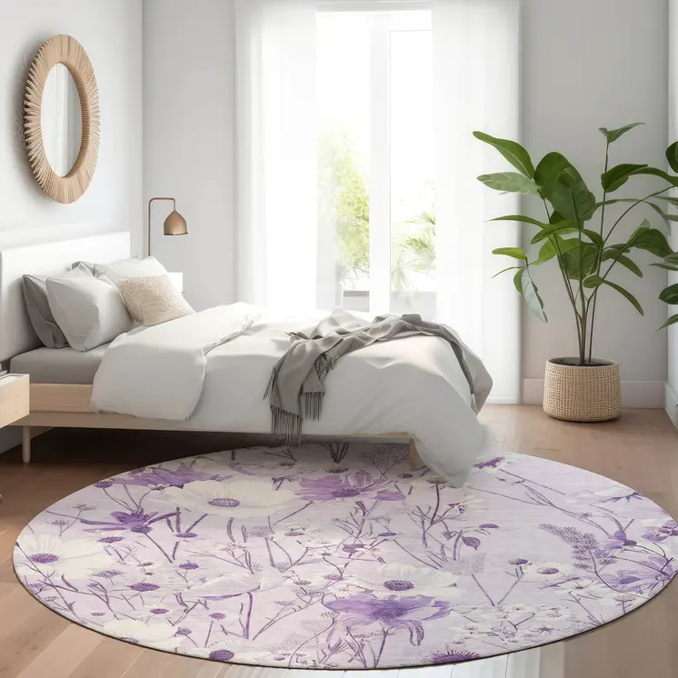 8' Lavender And Lilac Round Floral Washable Indoor Outdoor Area Rug
