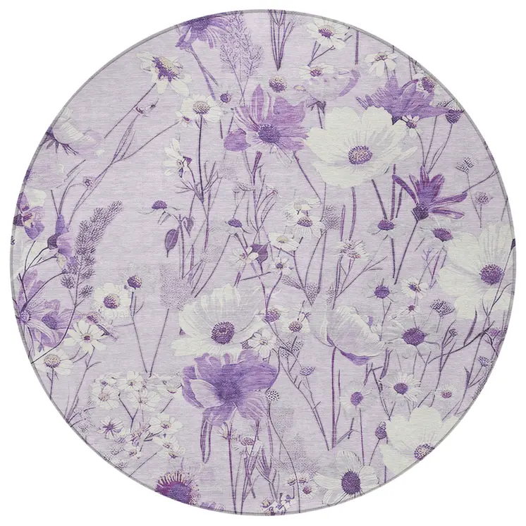 8' Lavender And Lilac Round Floral Washable Indoor Outdoor Area Rug