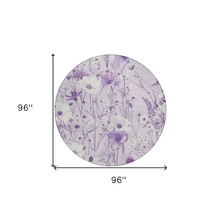 8' Lavender And Lilac Round Floral Washable Indoor Outdoor Area Rug