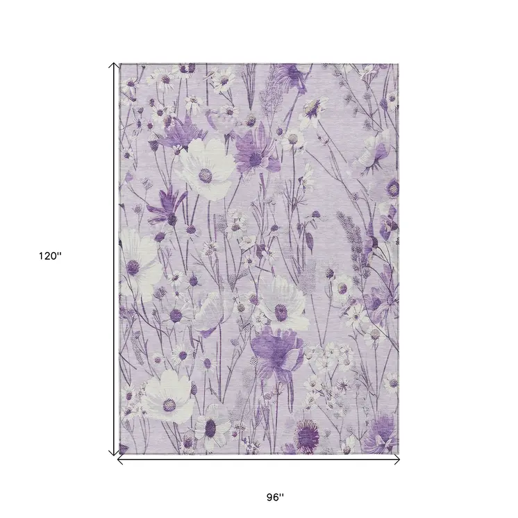 8' X 10' Lavender And Lilac Floral Washable Indoor Outdoor Area Rug