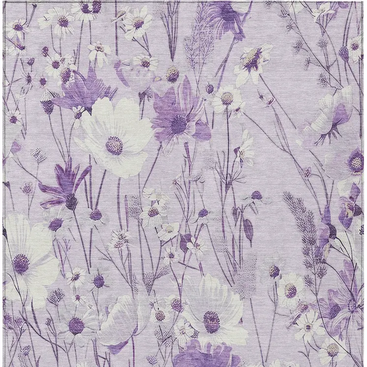9' X 12' Lavender And Lilac Floral Washable Indoor Outdoor Area Rug