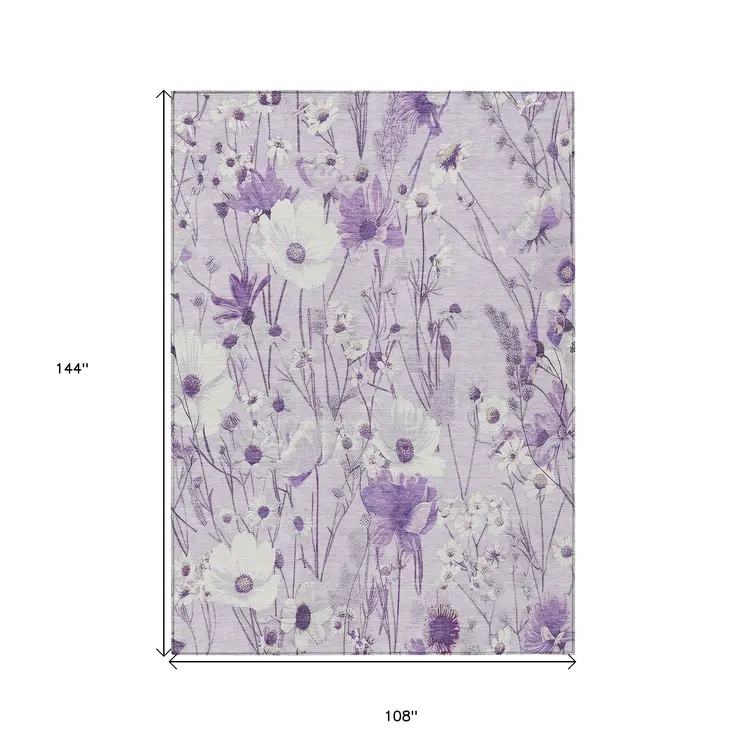 9' X 12' Lavender And Lilac Floral Washable Indoor Outdoor Area Rug