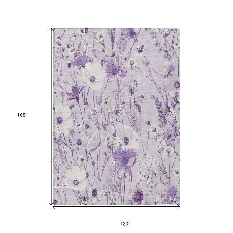 10' X 14' Lavender And Lilac Floral Washable Indoor Outdoor Area Rug